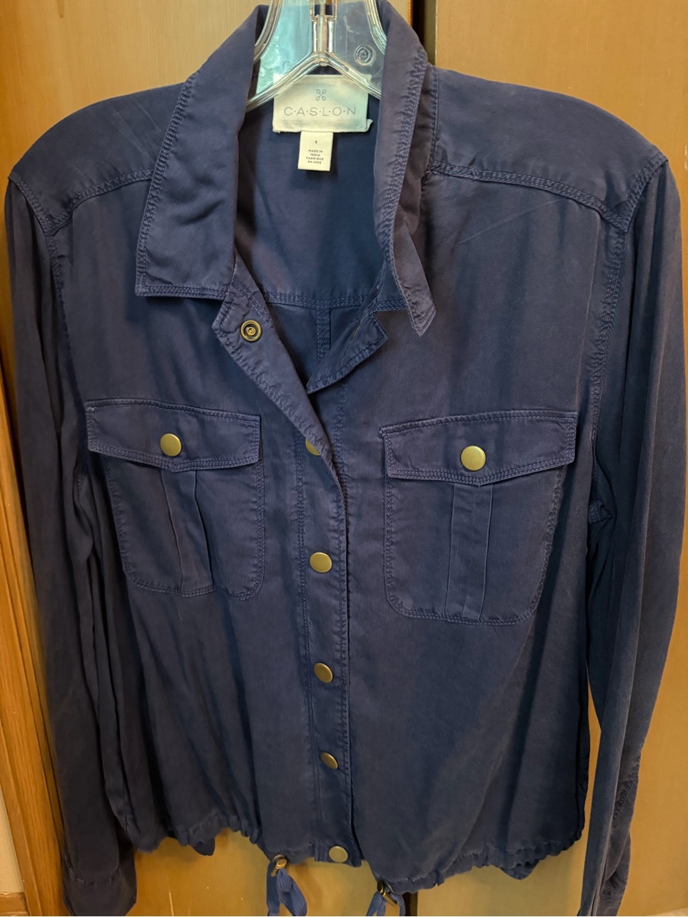 Caslon Navy Blue Lightweight Jacket, Gold Snaps, Drawstring Waist -Small NWOT